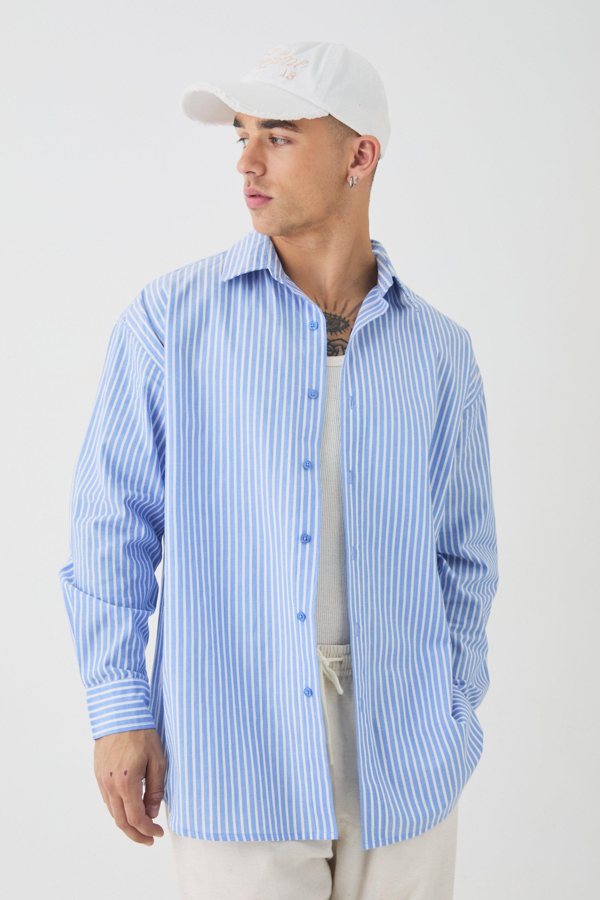 Mens Oversized Long Sleeve Striped Shirt In Blue, Blue